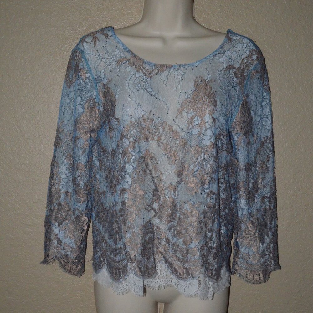 Sz 0 Loyd/Ford Light Blue Tan Nylon Lace Short Sleeve Blouse Top